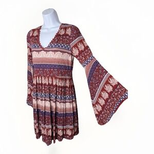 BONGO Boho Peasant Festival Dress M Burgundy  Paisley Floral Bell Sleeve
